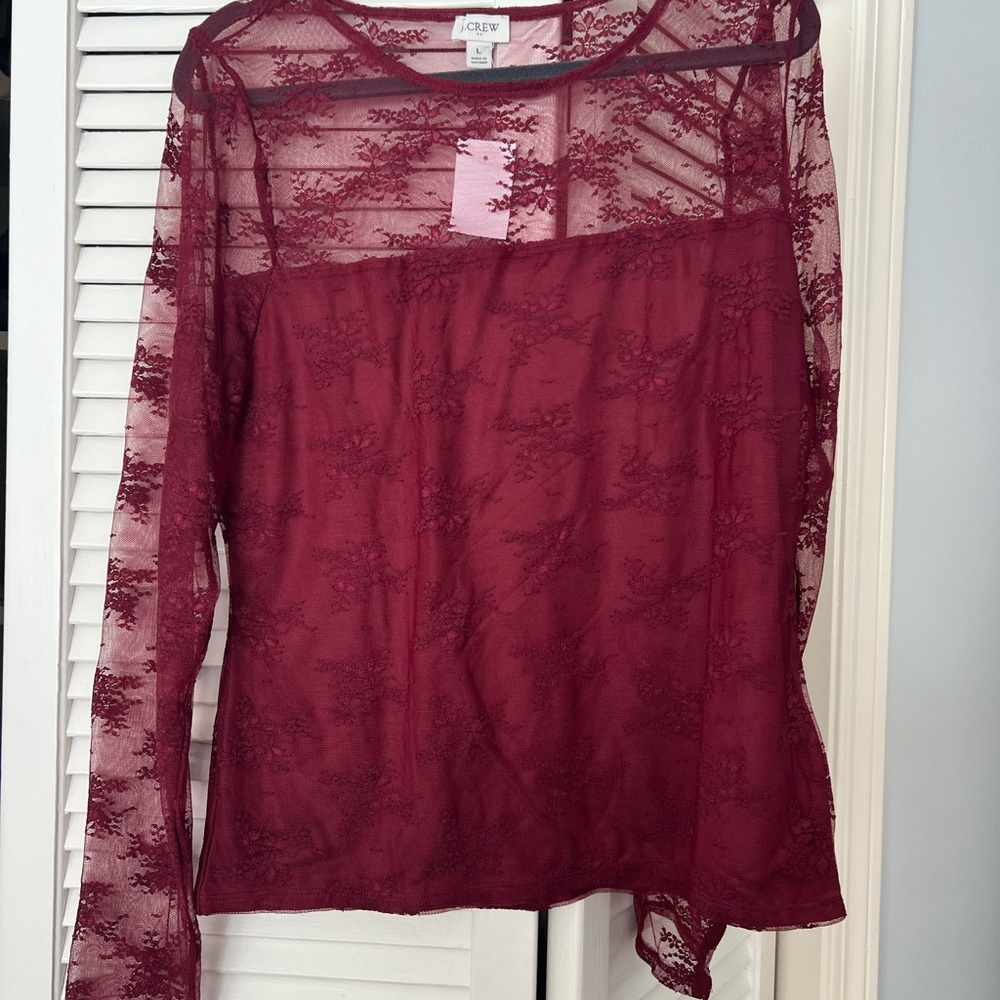 J. Crew Burgundy Lace Long Sleeve Top - Picture 2 of 4